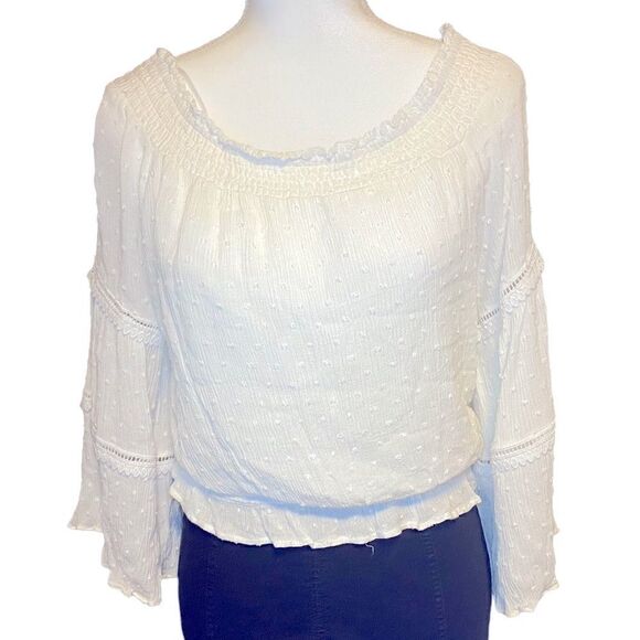 LULUS Prairie Flowy Off the Shoulder White Flared Sleeve Top Size Small - Picture 3 of 10